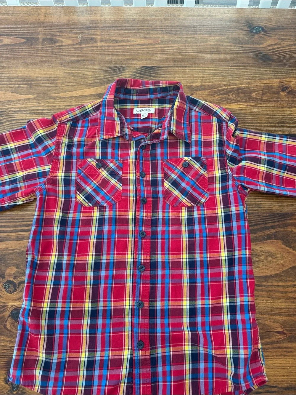Boys size L (12/14). Cherokee Red and Blue Plaid Button-Up Long Sleeve Shirt